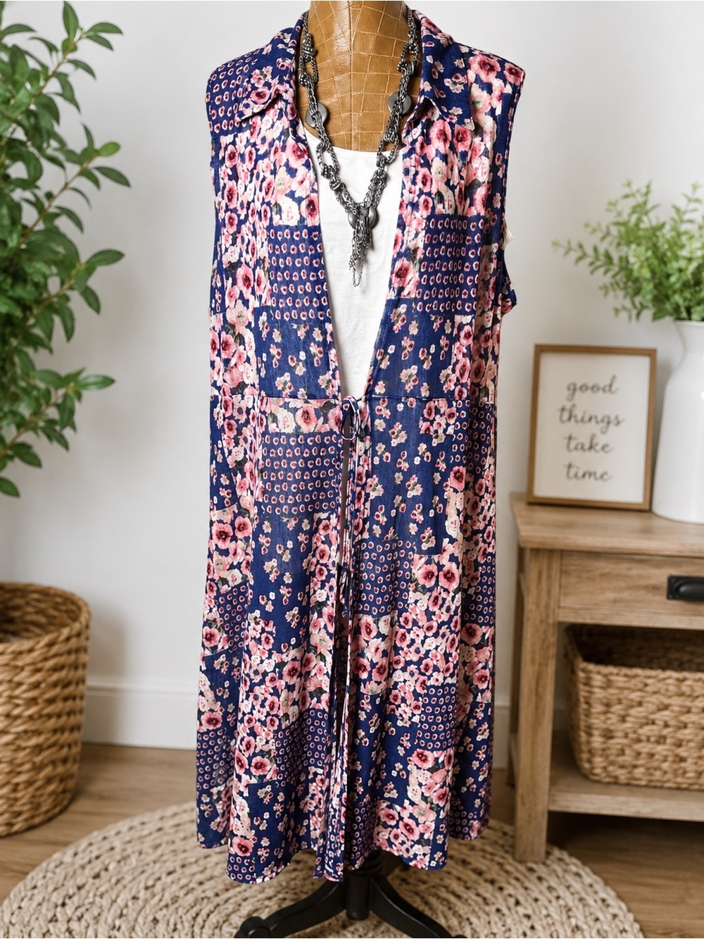 Sincerely Women 3X Floral Patchwork Sleeveless Long Duster Vest Boho Layering